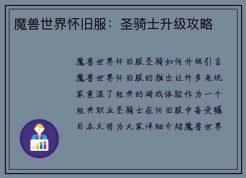 魔兽世界怀旧服：圣骑士升级攻略