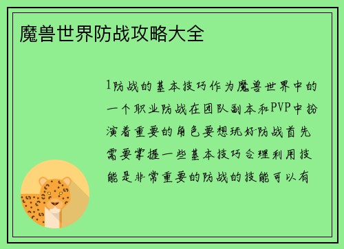 魔兽世界防战攻略大全